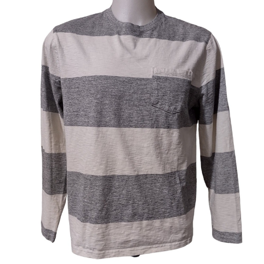 Lucky Brand Shirt Men's L Striped Long Sleeve Pocket Tee Gray White Norm Core